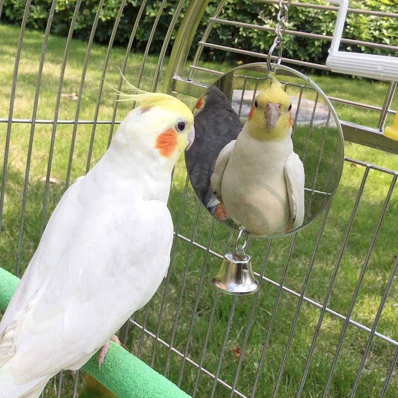 Litewoo Bird Mirror Toy with Bell Swing Hanging Ringer Leather Mirror Toy Parrot Cage Accessories Decoration for Small and Medium Parakeet Cockatiel Finch Lovebird Conure Budgie Cockatoo African Grey (E) - Image 1